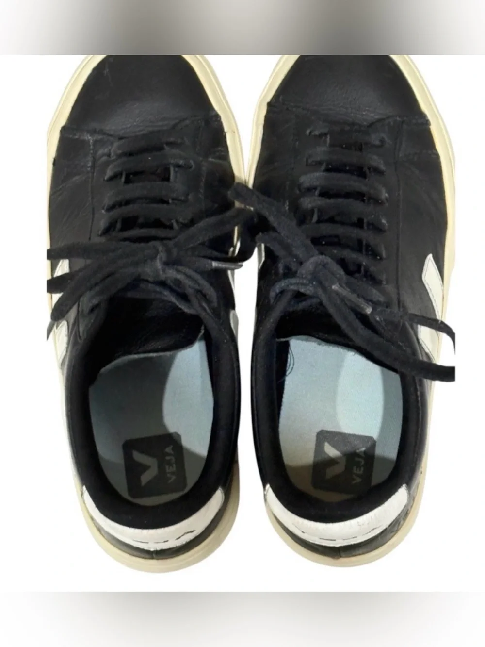 Veja Black Leather Sneakers with White V Detail